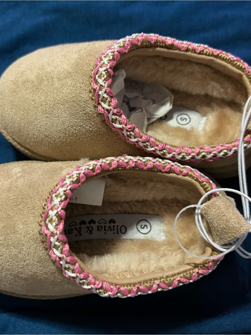 Olivia & Kate Kids Tan Slip-On Slippers with Pink Trim